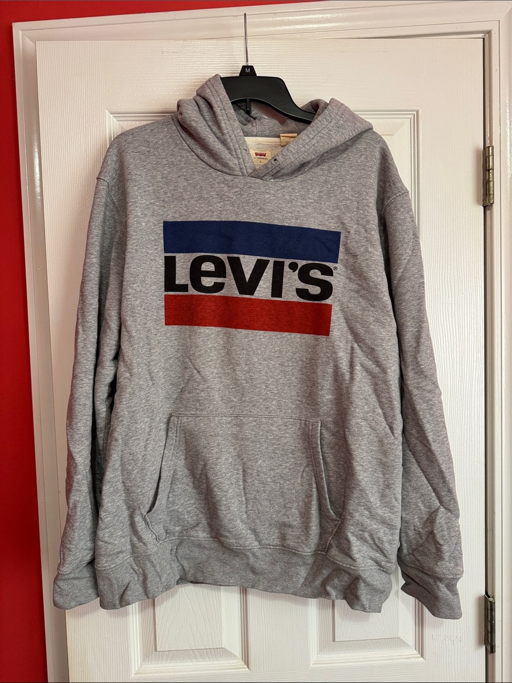Levi's Gray Hoodie with Navy and Red Logo Stripes